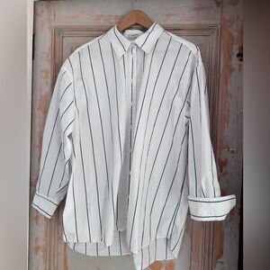 Babaton Oversized Crisp Cotton Bright White with Black/Blue Stripes. Size M.